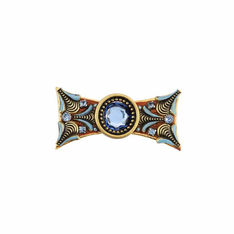 Michal Golan Brass, Blue Crystal and Glass Cabochon Bow Pin