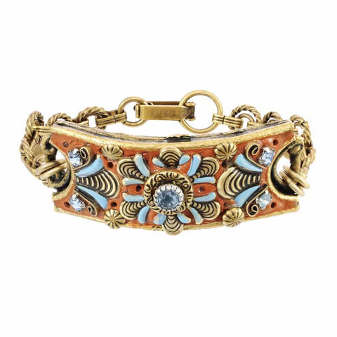 Michal Golan Brass, Blue Crystal Three Part Floral Rectangular Bracelet